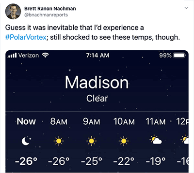 A tweet by Brett along with a screenshot of his weather app, which shows sub-zero temperatures: “Guess it was inevitable that I’d experience a #PolarVortex; still shocked to see these temps, though”.